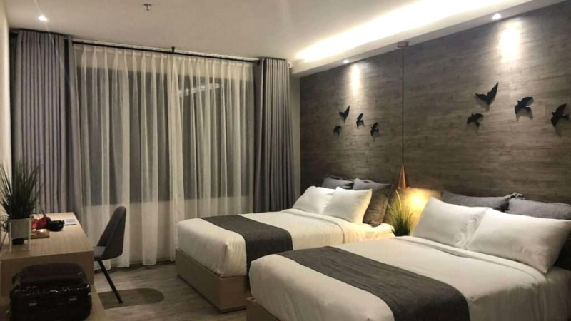 Phòng ấm cúng với cửa sổ rộng, tông nâu xám.